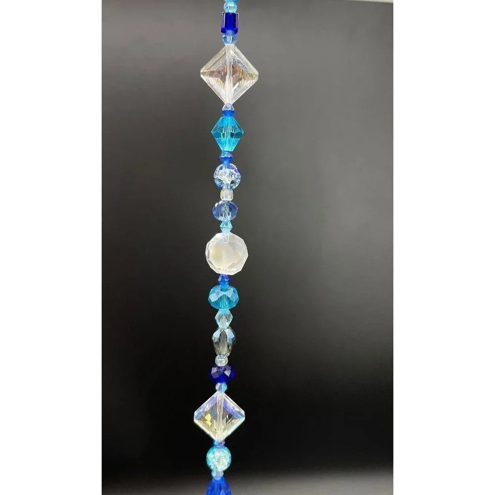 Blue Beaded Suncatcher - Clear Crystal Prism - Indoor Outdoor Hanging Decor